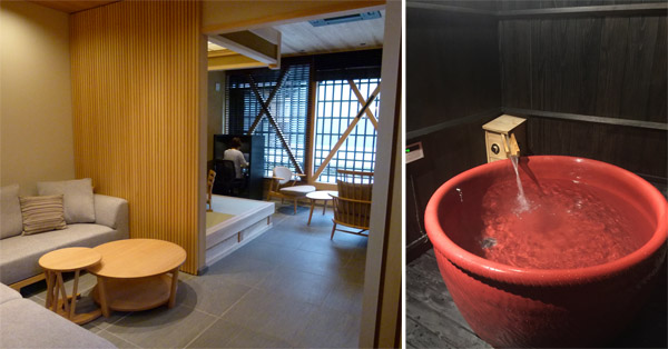 ワークスペース「TRACE」（左）、信楽焼の露天風呂も付いている宿泊施設「IORI STAY」（Ｃ）日刊ゲンダイ