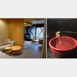 ワークスペース「TRACE」（左）、信楽焼の露天風呂も付いている宿泊施設「IORI STAY」（Ｃ）日刊ゲンダイ