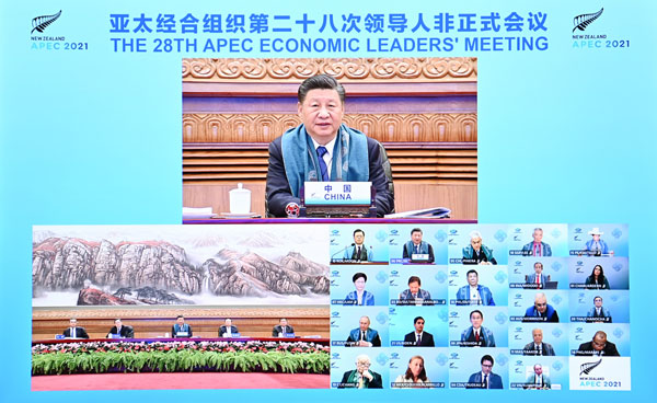オンライン方式ＡＰＥＣ非公式首脳会議。習近平・中国国家主席は北京からオンライン方式で出席（Ｃ）新華社／共同イメージズ
