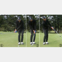 同じ距離40ヤードのアプローチでもSW（写真①～③）とUT（写真④～⑥）では振り幅も違い、ボールをセットする位置も変わる（Ｃ）日刊ゲンダイ