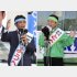 正面から「基地問題」に切り込む岸本洋平氏（左）と「基地問題」に言及しない渡具知武豊氏（Ｃ）共同通信社
