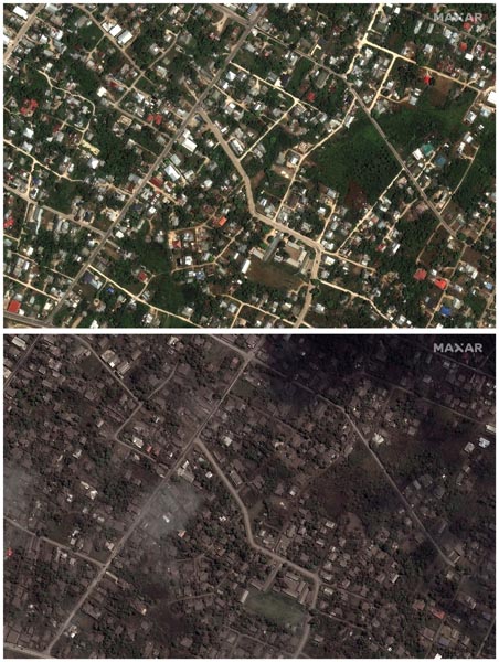 トンガ沖海底火山の噴火前（上）と後の衛星画像（Ｃ）2022MaxarTechnologies ／ロイター