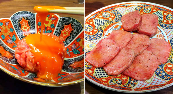 ユッケ（左）に卵がとろ～り、牛タン（右）は薄切りと厚切りがセットで（Ｃ）日刊ゲンダイ