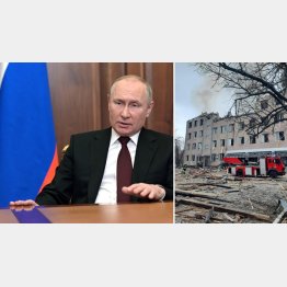 プーチン大統領（＝ロイター／Sputnik／Kremlin）はとことんまでやるのか（右は、ウクライナ首都空爆で破壊された軍事基地の建物）／（Ｃ）ロイター＝共同