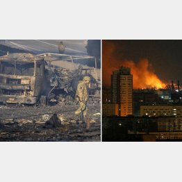 ウクライナ首都キエフ近郊、爆撃後に上がる炎と煙（右）、焼けた軍用車両のそばを歩く同国軍兵士（Ｃ）AP＝共同＆ロイター＝共同