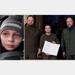 涙ながらにキエフからの脱出を語る少年（左）、迅速なEU加盟を求めているウクライナのゼレンスキー大統領だが…（右写真、央）　（Ｃ）ロイター／Ukrainian Presidential Press Service