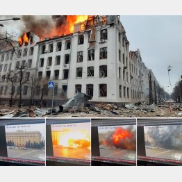 ロシア軍はウクライナ第2の都市ハリコフに誘導ミサイル16発を撃ち込んだ（爆撃の瞬間＝写真下、焼け落ちる国立大学＝上）　（Ｃ）ロイター／ Ukrainian State Emergency Service