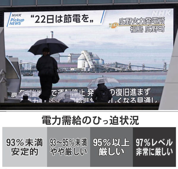節電を呼び掛けるニュースを伝える東京・秋葉原の大型モニター（Ｃ）共同通信社