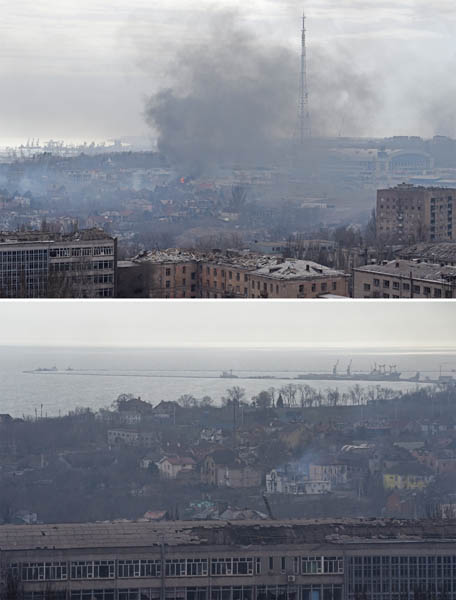 何としてもマリウポリを制圧し、ロシアの海にしたい（ウクライナ南東部マリウポリ市の港湾地域、上は4日、砲撃を受ける同市。破壊された街並みの向こうがアゾフ海）／（Ｃ）ロイター