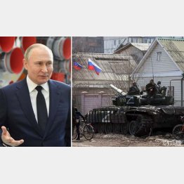 制裁効果は？（ロシアのプーチン大統領＝左、マウリポリで戦車の上に座る親ロシア派武装兵士ら）　（Ｃ）ロイター／Sputni／Kremlin