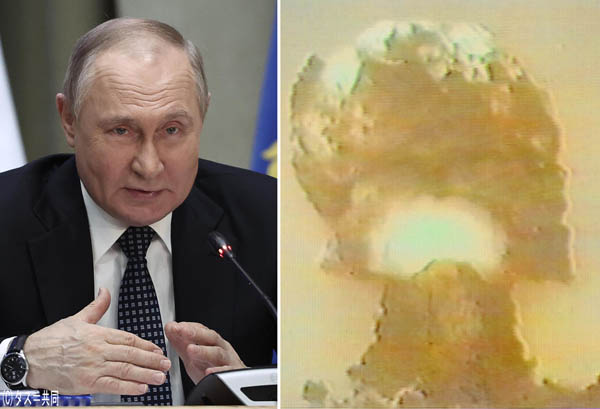 誰も止められないのか（ロシアのプーチン大統領＝左）、旧ソ連の核実験を撮影したビデオに写っている巨大キノコ雲（Ｃ）共同通信社