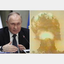 誰も止められないのか（ロシアのプーチン大統領＝左）、旧ソ連の核実験を撮影したビデオに写っている巨大キノコ雲（Ｃ）共同通信社