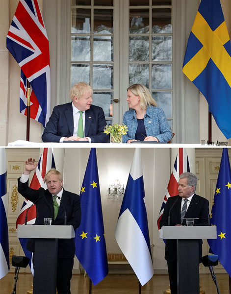 ボリス・ジョンソン英首相は、スウェーデン（上）、続いてフィンランド（下）と「防衛協力」を署名（Ｃ）ロイター