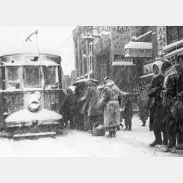 雪の中、市電の停留所で並ぶ札幌市民（1947年11月20日撮影）／（Ｃ）共同通信社