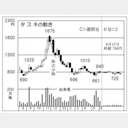 「タスキ」の株価チャート（Ｃ）日刊ゲンダイ