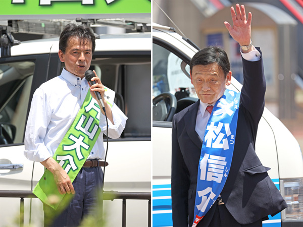 維新・片山大介候補（左）は独走も、自民・末松信介候補は組織戦を展開（Ｃ）日刊ゲンダイ