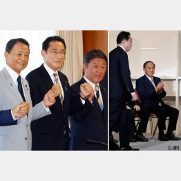 現執行部（左）、非主流ながらニラミ（岸田首相と菅前首相＝右）／（Ｃ）日刊ゲンダイ