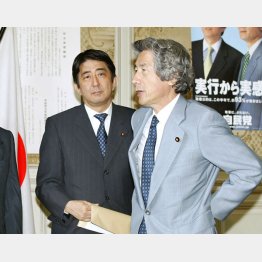 小泉首相（右）は、北朝鮮訪問記者発表の前日まで、安倍官房副長官（左）には一切知らせなかった（Ｃ）日刊ゲンダイ