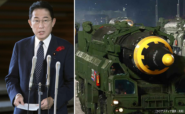 「火星12」と同型か（北朝鮮のミサイル発射を受け、取材に応じる岸田首相＝左）／（Ｃ）共同通信社