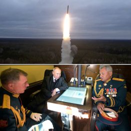 ショイグ国防相らと打ち合わせるロシアのプーチン大統領（下段中央）、上は、ロシアの核ミサイル発射実験（Ｃ）ロイター／Sputnik／Kremlin