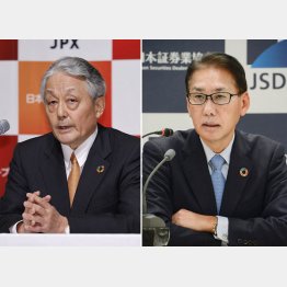 （左から）日本取引所次期CEOの山道裕己氏、日本証券業協会会長の森田敏夫氏（Ｃ）共同通信社