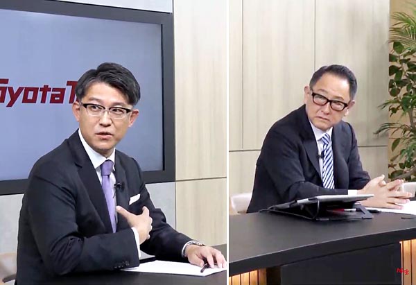 トヨタ自動車次期社長の佐藤恒治執行役員（左）と豊田章男社長（Ｃ）共同通信社