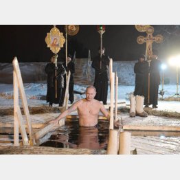 マッチョな2018年（ロシア正教の神現祭で沐浴をするプーチン大統領）／（Ｃ）タス＝共同