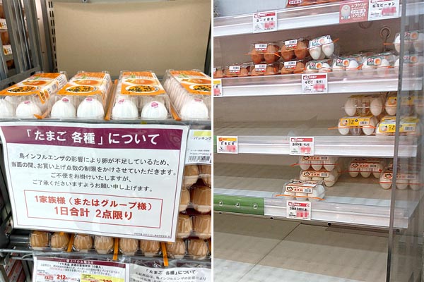 どこのスーパーも数量制限を実施（左）、買い求めてもたまごがない…（Ｃ）日刊ゲンダイ