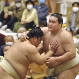 大相撲の春巡業で照ノ富士（右）に胸を借りる大栄翔（Ｃ）共同通信社