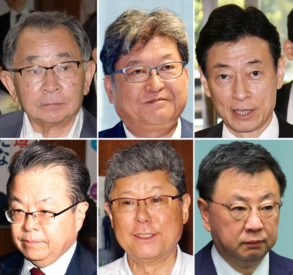 塩谷「座長」と「5人衆」…それでまとまるのか？（左上から時計回りに塩谷、萩生田、西村、松野、高木、世耕の6議員）／（Ｃ）日刊ゲンダイ