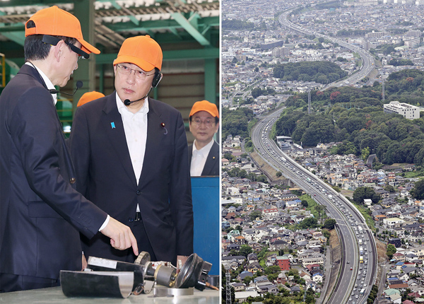 岸田首相は夏休み前には富山県のリサイクル工場を視察（代表撮影）。ガソリン価格は天井知らず、渋滞で燃費も悪化（右）（Ｃ）共同通信社