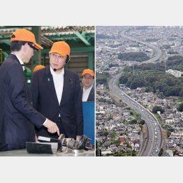 岸田首相は夏休み前には富山県のリサイクル工場を視察（代表撮影）。ガソリン価格は天井知らず、渋滞で燃費も悪化（右）（Ｃ）共同通信社