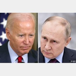 インフレ再燃は痛手のバイデン米大統領（左）を原油供給で揺さぶりかけるロシアのプーチン大統領（Ｃ）ロイター
