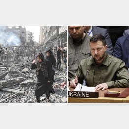 空爆を受けたパレスチナ自治区のガザ地区（左）、ウクライナのゼレンスキー大統領は内心複雑（右、＝代表撮影・共同）