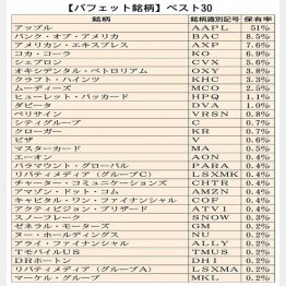 （「フォーム13F」8月14日発表分）バフェット氏が会長を務めるバークシャー・ハサウェイ社の最新のポートフォリオの保有率（100%のうち）上位30銘柄を“一応”紹介しておこう（Ｃ）日刊ゲンダイ