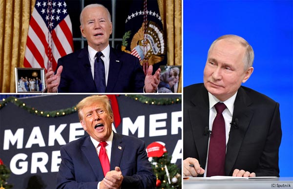 ロシアはプーチン大統領（右）の高笑い。米国は高齢者対決（＝左、上がバイデン米大統領、下がトランプ前大統領）、どちらが勝利を収めるかで内政も外交も百八十度転換（Ｃ）ロイター