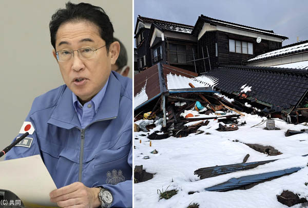 迷走…（岸田首相、左は地震で倒壊した住民の家屋＝珠洲市飯田町）／（Ｃ）日刊ゲンダイ