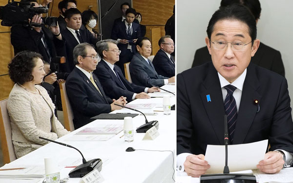 岸田首相は「政労使会議」で労使代表（左）らに「昨年を上回る賃上げを」／（Ｃ）共同通信社