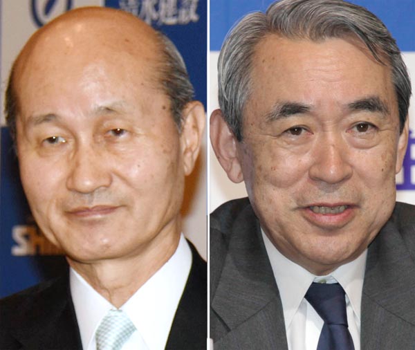 日本建設業連合会の宮本洋一会長（左）と関西経済連合会の松本正義会長（Ｃ）日刊ゲンダイ