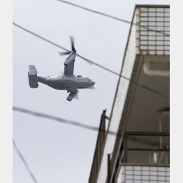 市街地上空を飛行する米海兵隊MV22オスプレイ＝14日、沖縄県宜野湾市（Ｃ）共同通信社