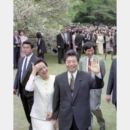 退陣表明後、首相主催の「桜を見る会」で招待者に、にこやかに手を振る細川首相と佳代子夫人（1994＝平成6＝年4月20日、東京・新宿御苑）／（Ｃ）共同通信社