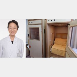 静風荘病院の天野恵子特別顧問と和温療法に使われる医療用サウナ（提供写真）