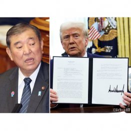 どこが「大成功」か。政府は慌てて「日本は除外して」と嘆願（関税についての大統領令に署名＝右）／（Ｃ）日刊ゲンダイ