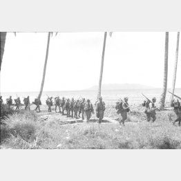ソロモン諸島ガダルカナル島を行軍する日本軍。日米両軍の大規模な戦闘が行われ、約3万人の日本兵が同島に上陸したが、それによる死者・行方不明者は2万人強を数えた(1942=昭和17=年11月)/(C)共同通信社