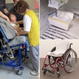 野村さんが丁寧に採型、採型データを元にウレタンを削り、車椅子にシートを被せれば完成(提供写真)