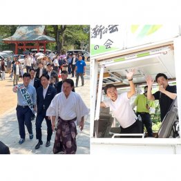 長田神社に進次郎大臣おな~り~(自民・加田裕之、左)、維新・吉平敏孝は時間切れか(吉村洋文代表と)/(C)日刊ゲンダイ