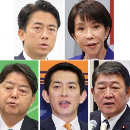 石破じゃダメだと代えたのに、変わらないじゃん(左上から時計回りに小泉、高市、茂木、小林、林の候補者5氏)/(C)日刊ゲンダイ