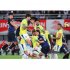日本対ブラジル戦、公判で決勝点を決めた上田綺世（中央）／（Ｃ）日刊ゲンダイ